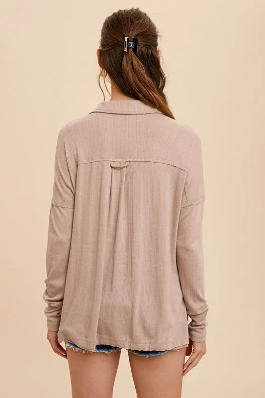 OVERSIZED RIBBED LONG SLEEVE HENLEY TOP