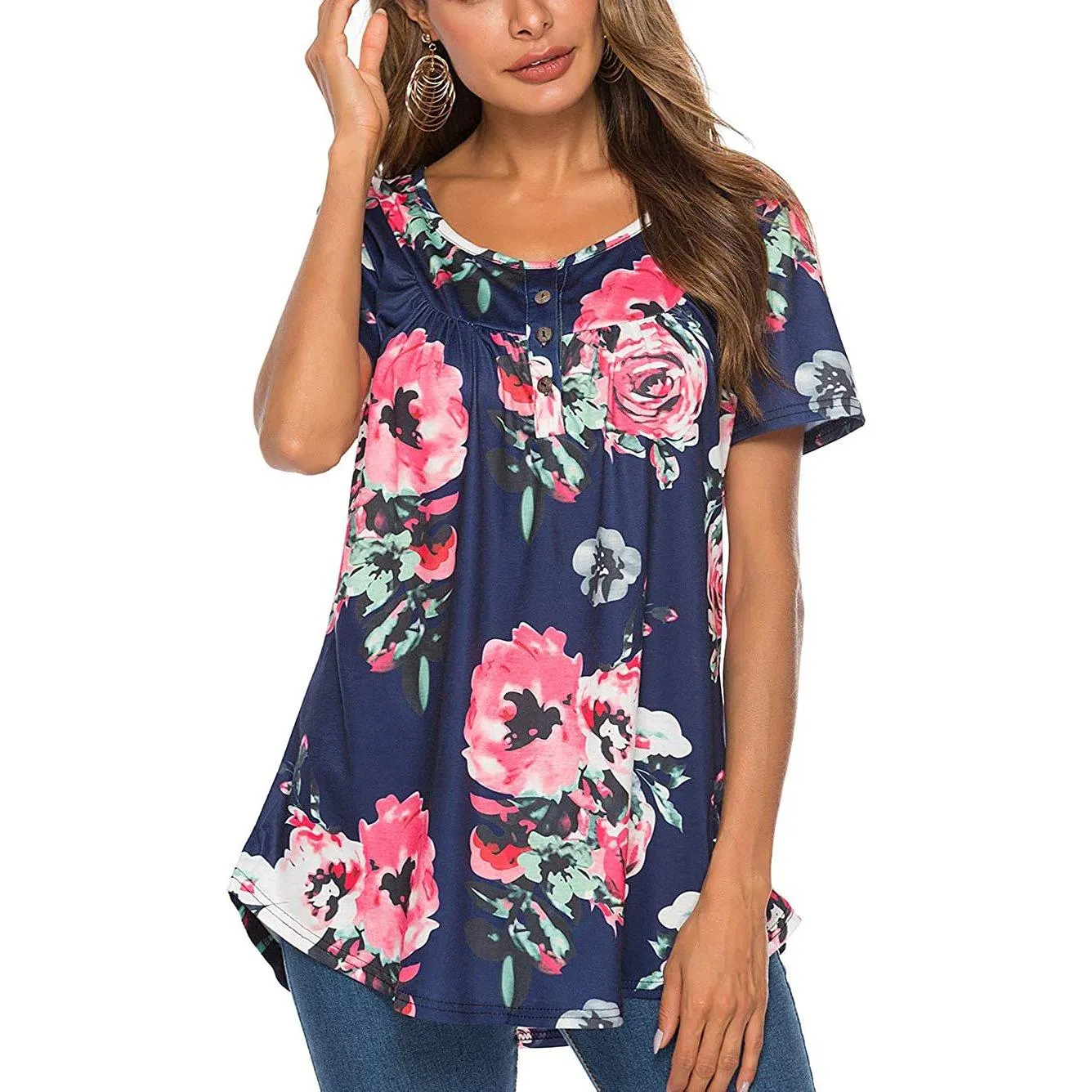 Paisley Printed Button Up Top Short Sleeve V Neck Pleated Casual Loose Flare Tunic Blouse Henley Shirt