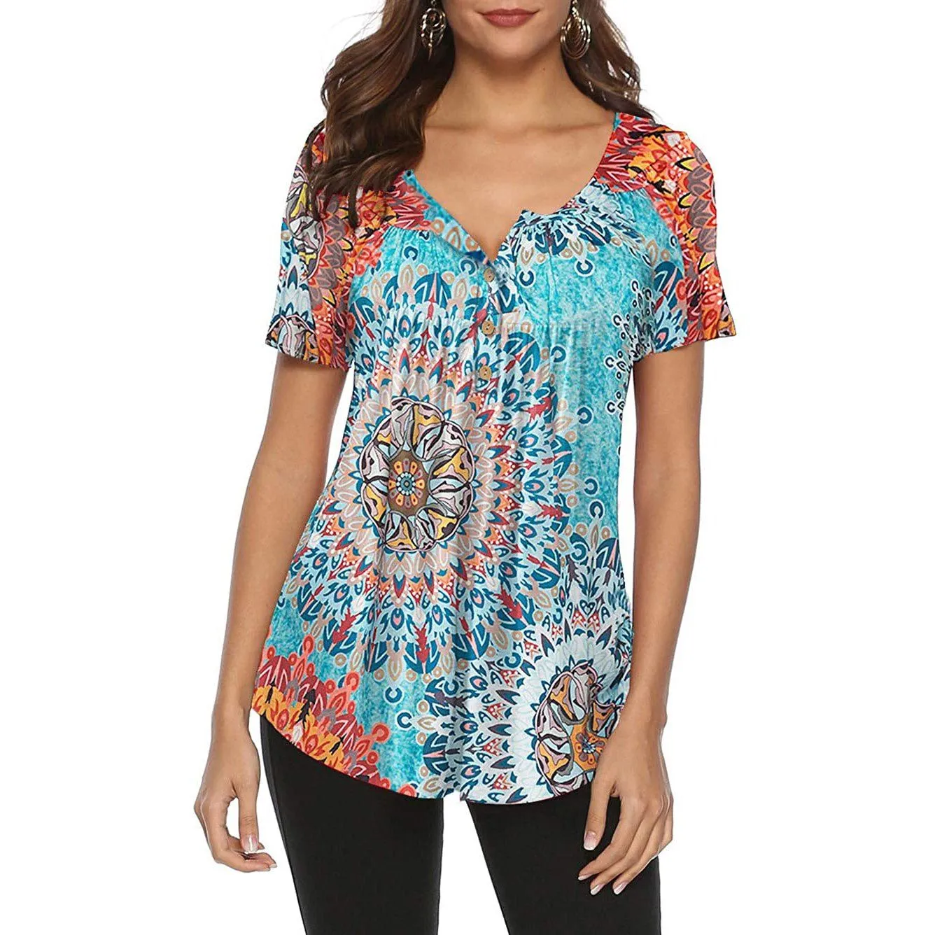 Paisley Printed Button Up Top Short Sleeve V Neck Pleated Casual Loose Flare Tunic Blouse Henley Shirt