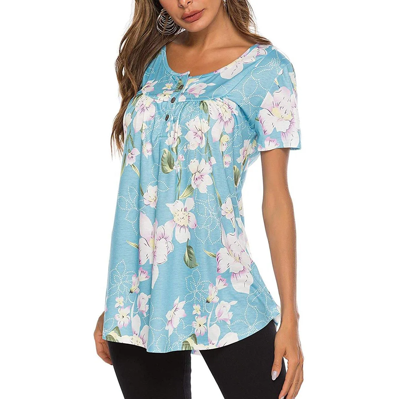 Paisley Printed Button Up Top Short Sleeve V Neck Pleated Casual Loose Flare Tunic Blouse Henley Shirt