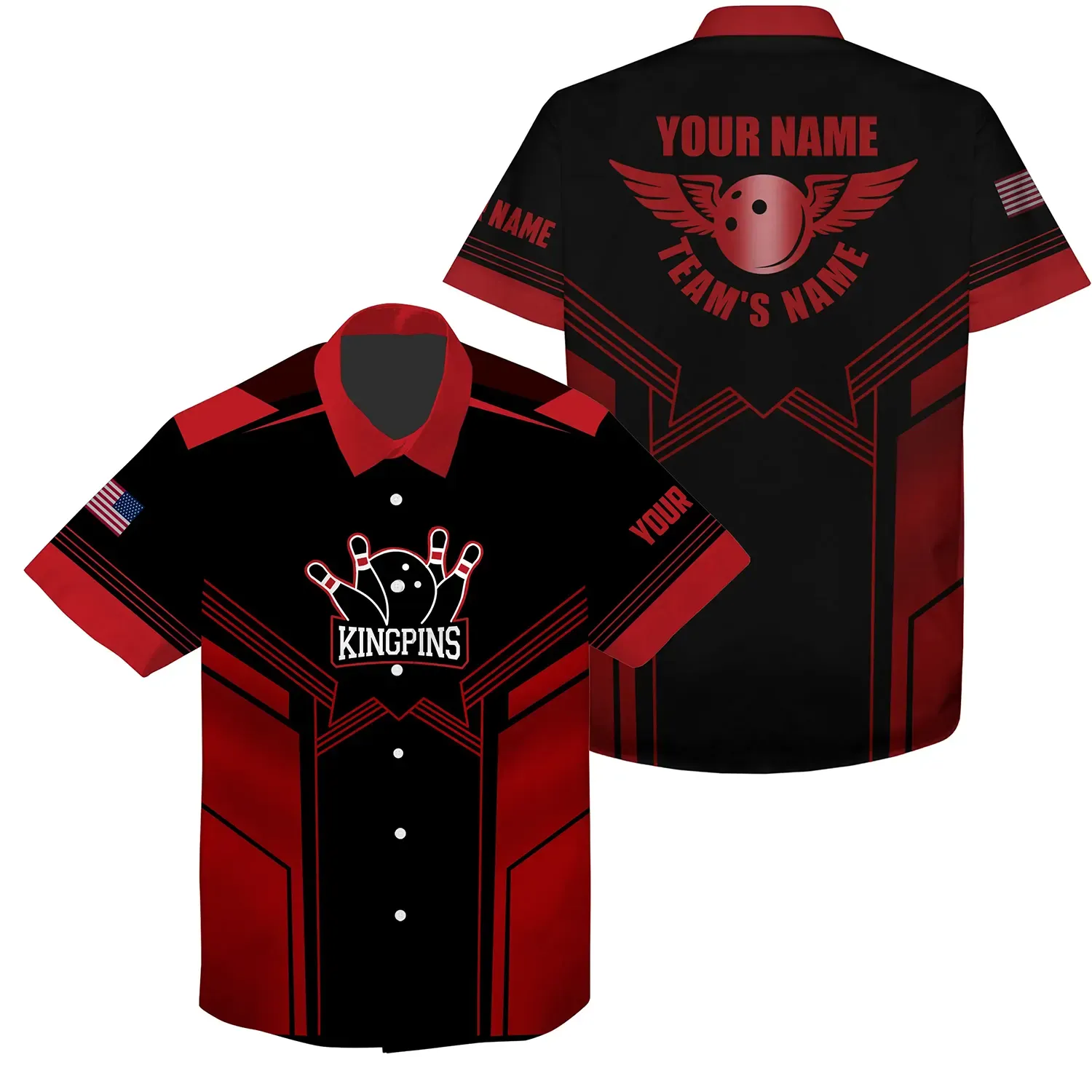 Red and black Bowling Hawaiian Shirt for men, custom name and team name mens bowling team