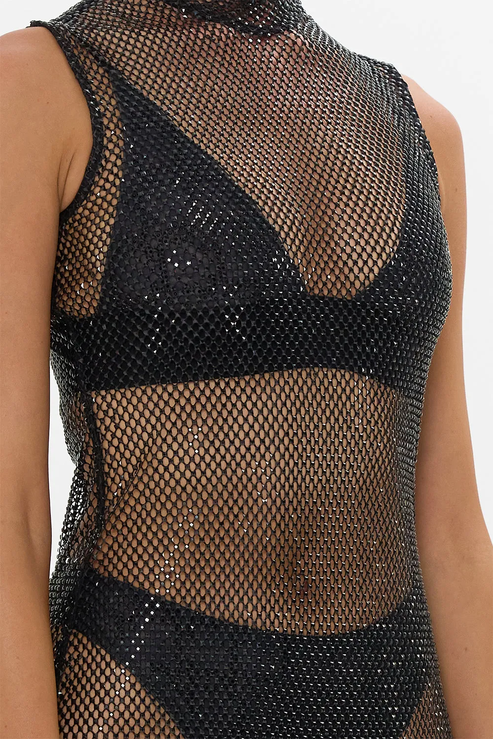 SLEEVELESS TURTLE NECK CRYSTAL MESH DRESS MARK OF MEDUSA