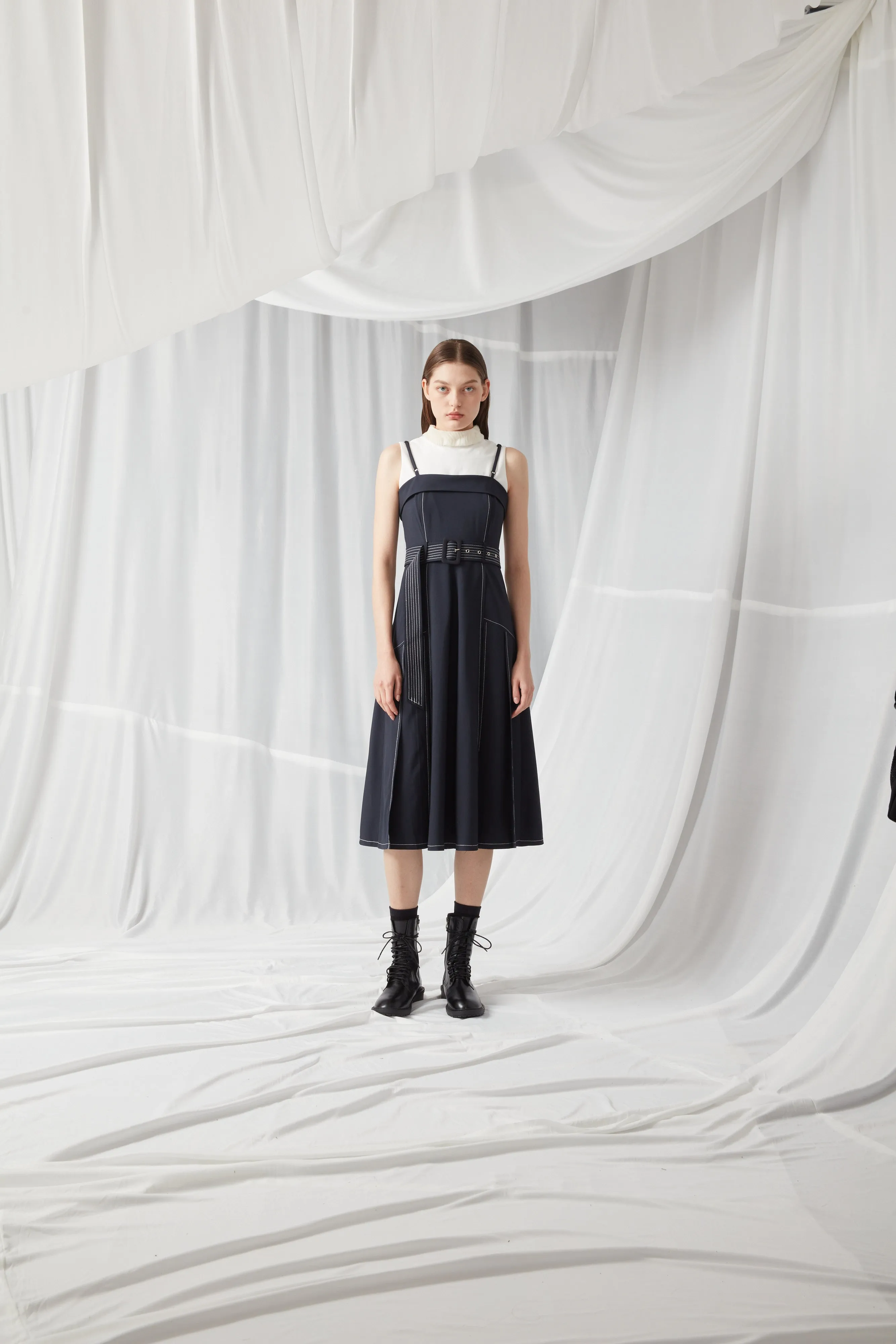 Tall Sleeveless Belted Contrast Stitch Dress - NAVY BLUE