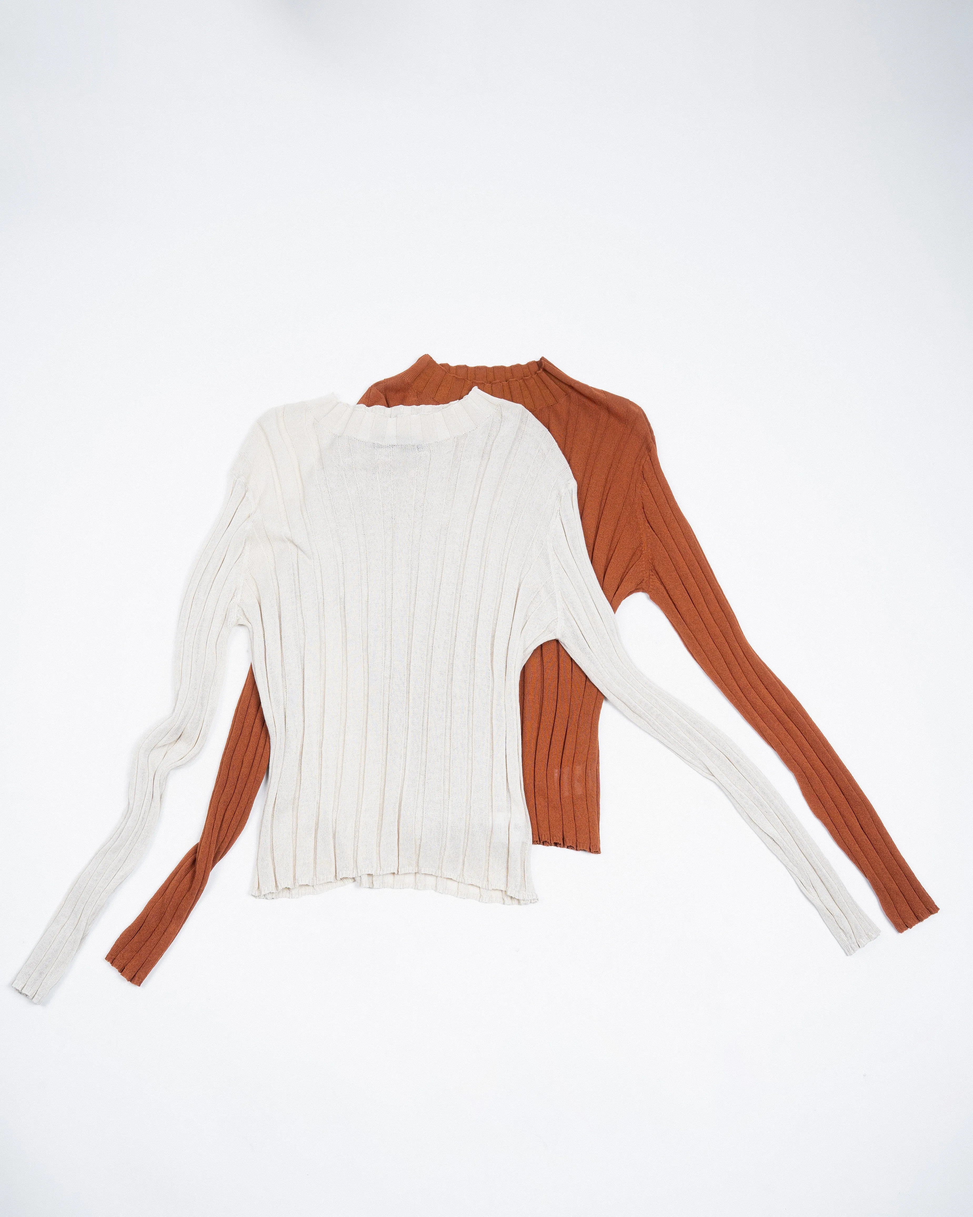 Turtleneck Sheer Ribbed Knit Top (Beige)
