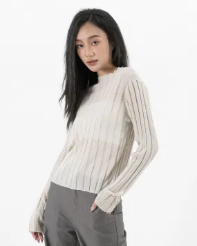 Turtleneck Sheer Ribbed Knit Top (Beige)