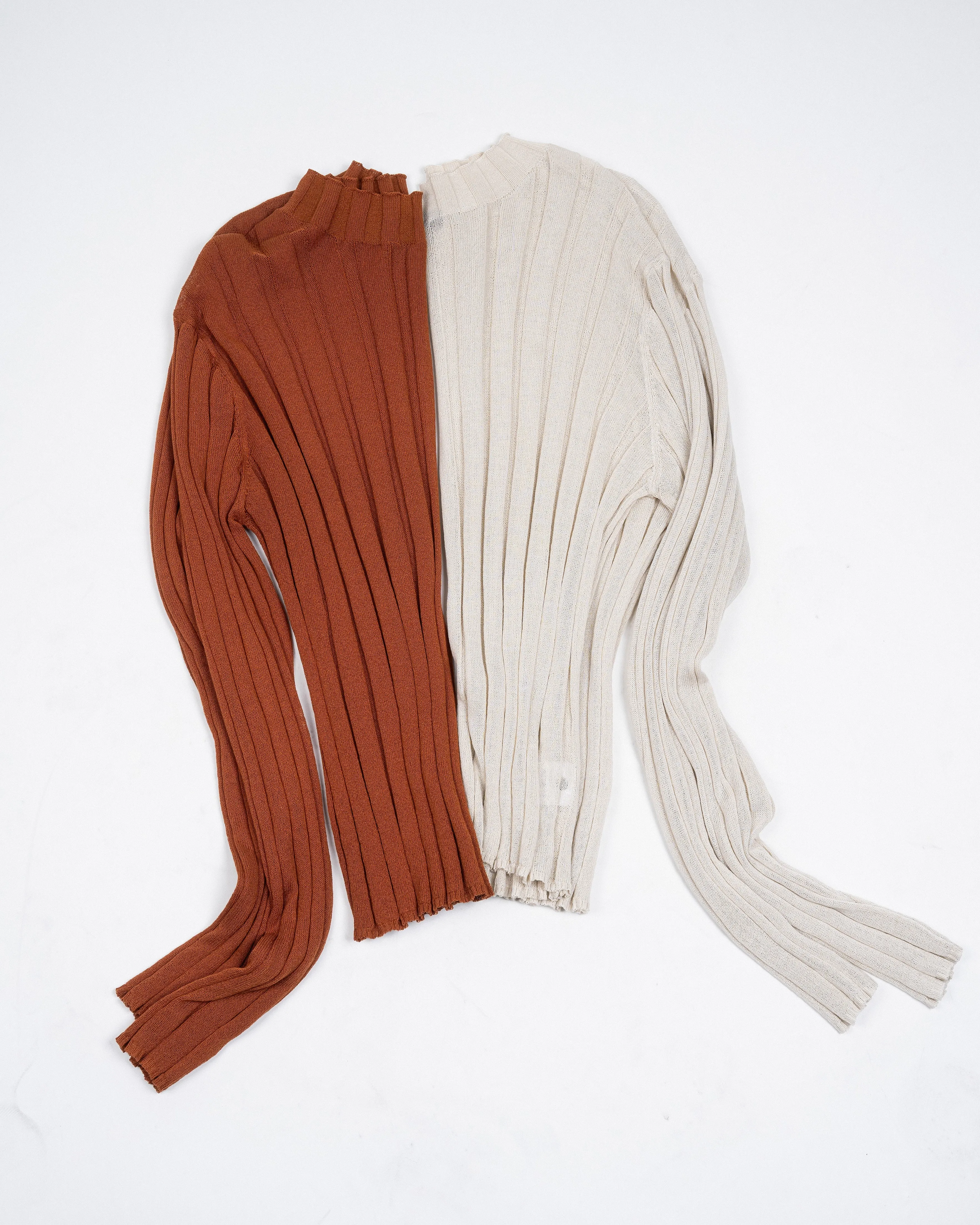 Turtleneck Sheer Ribbed Knit Top (Beige)