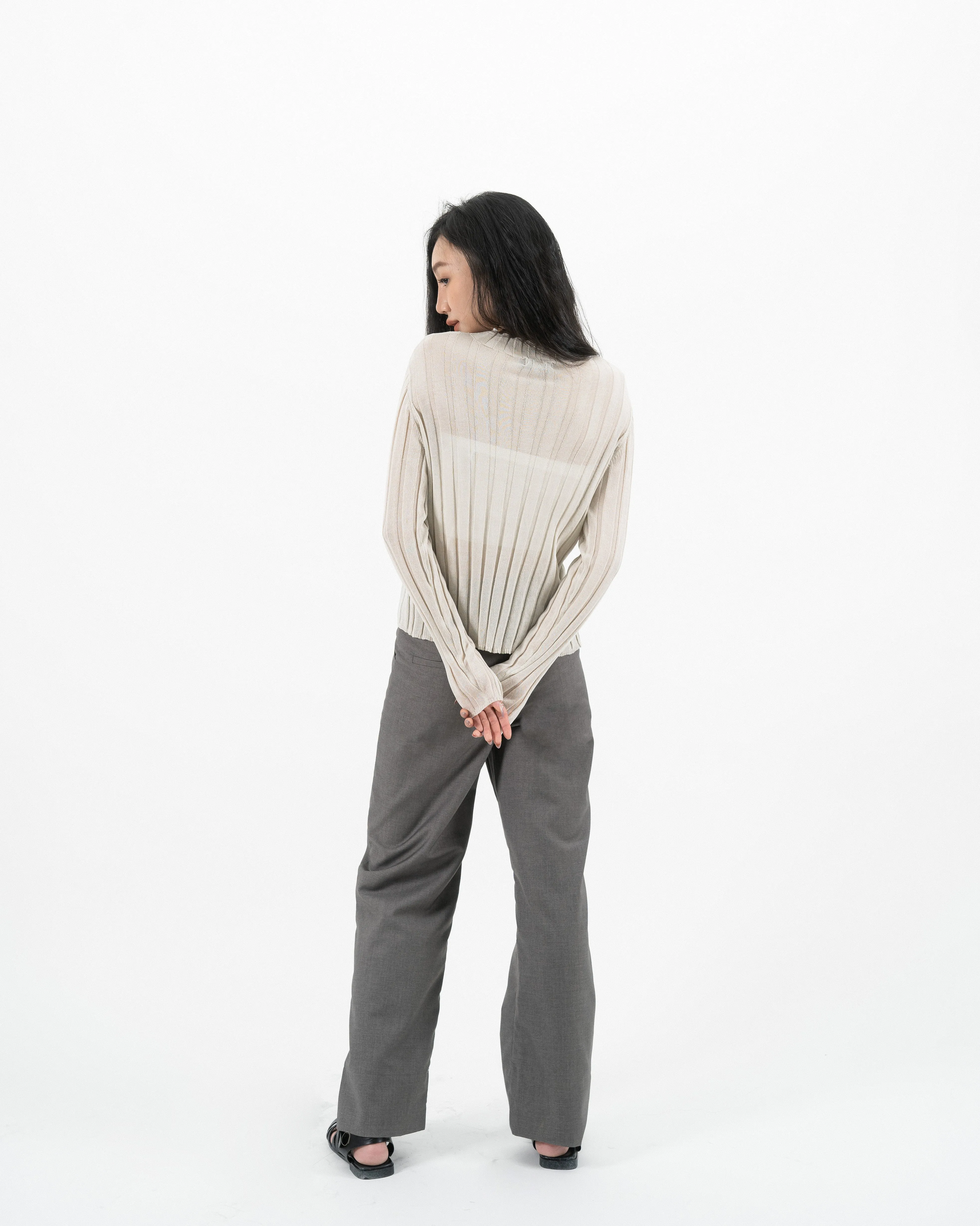 Turtleneck Sheer Ribbed Knit Top (Beige)