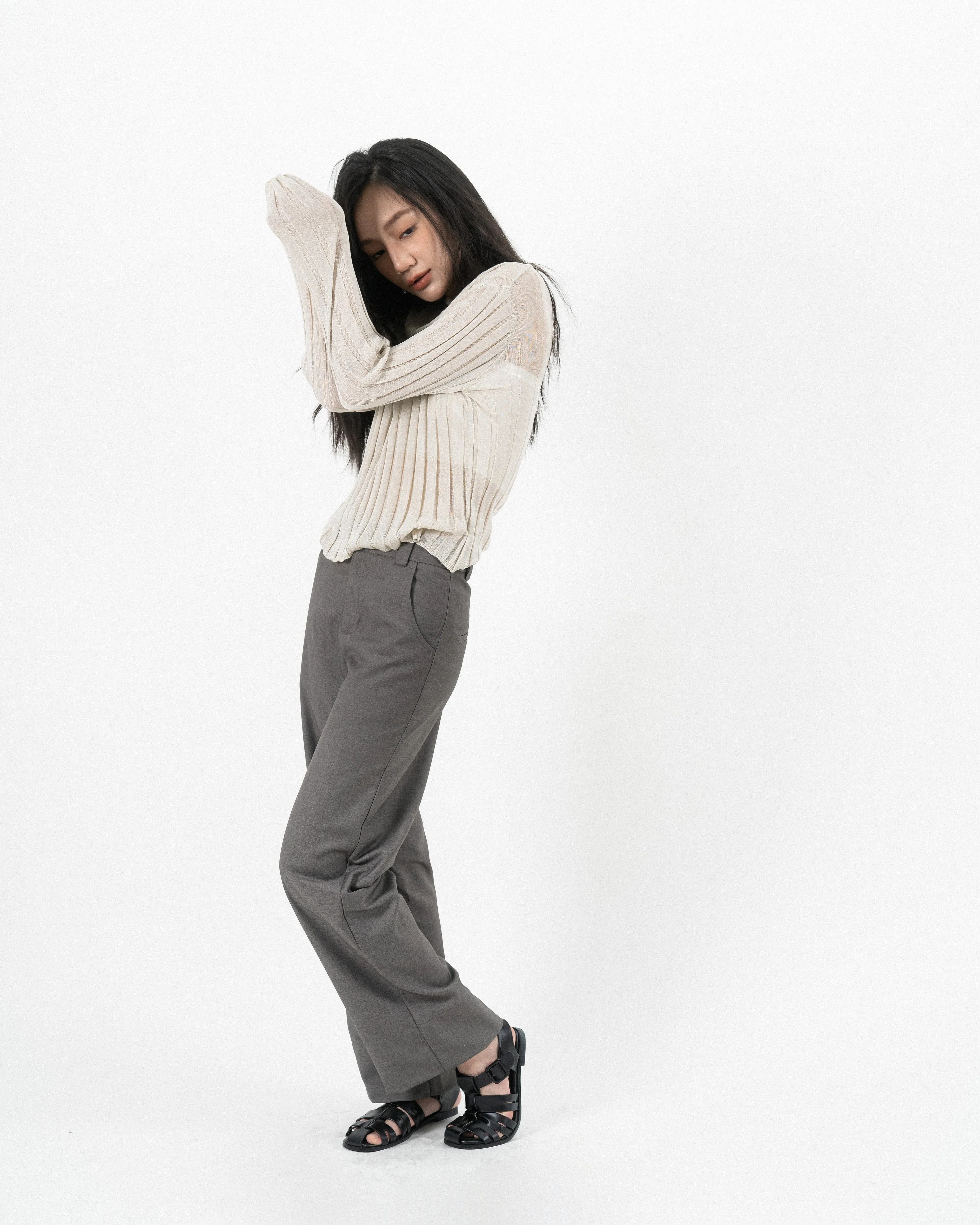 Turtleneck Sheer Ribbed Knit Top (Beige)