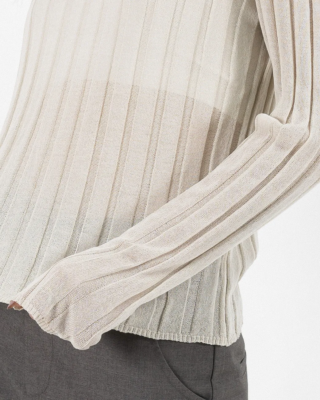 Turtleneck Sheer Ribbed Knit Top (Beige)