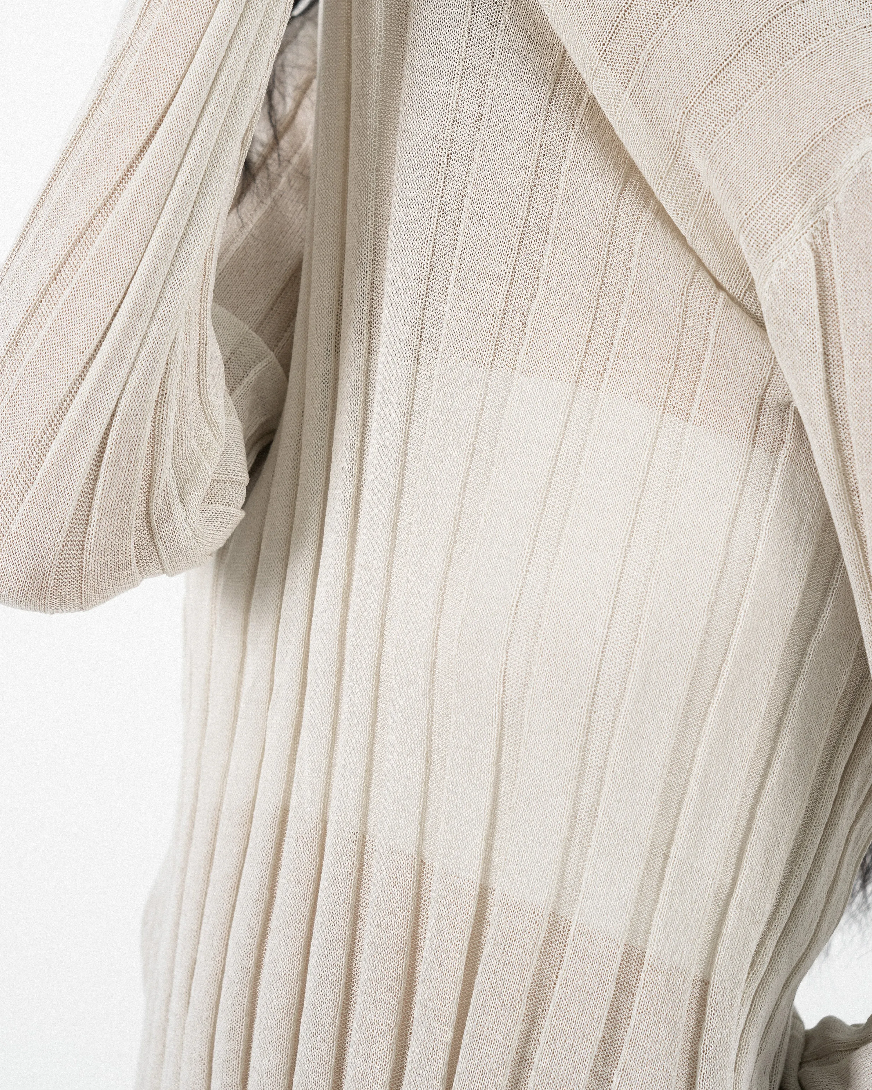 Turtleneck Sheer Ribbed Knit Top (Beige)