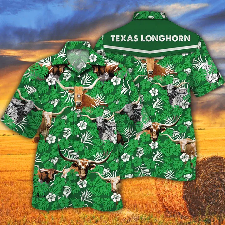 Tx Longhorn Cattle Lovers Green Floral Pattern Hawaiian Shirt, Cow men's Hawaiian shirt - Vintage Farm Hawaiian Shirts