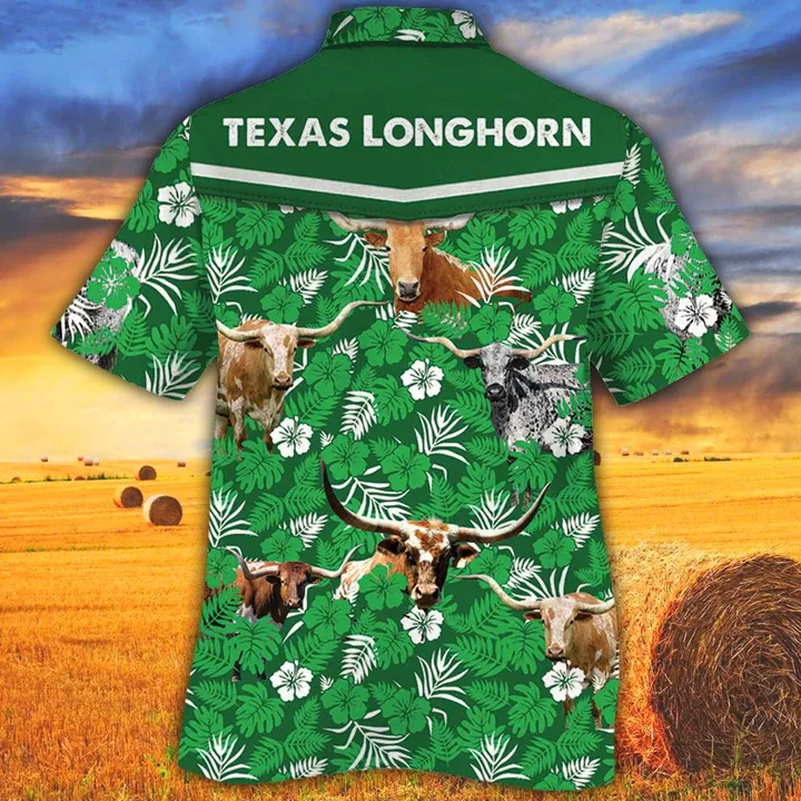 Tx Longhorn Cattle Lovers Green Floral Pattern Hawaiian Shirt, Cow men's Hawaiian shirt - Vintage Farm Hawaiian Shirts