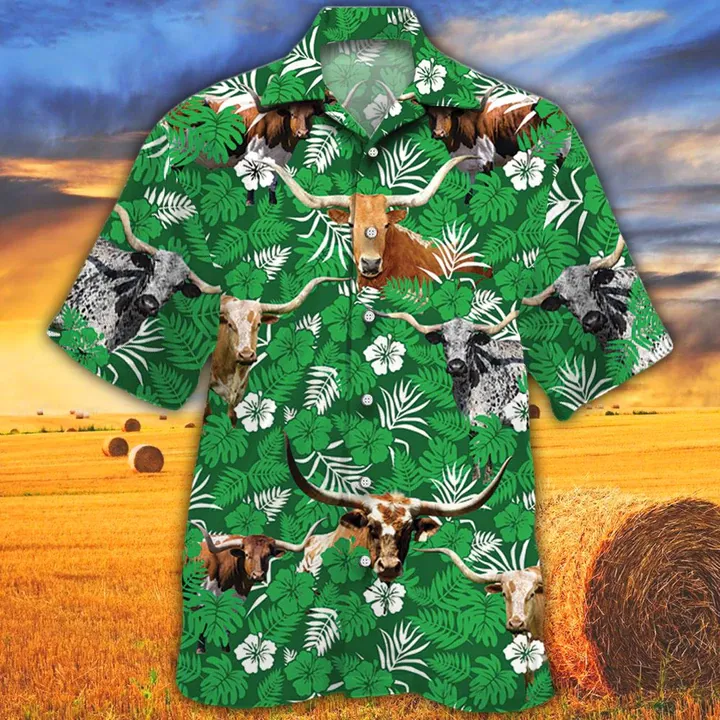 Tx Longhorn Cattle Lovers Green Floral Pattern Hawaiian Shirt, Cow men's Hawaiian shirt - Vintage Farm Hawaiian Shirts