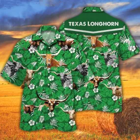 Tx Longhorn Cattle Lovers Green Floral Pattern Hawaiian Shirt, Cow men's Hawaiian shirt - Vintage Farm Hawaiian Shirts