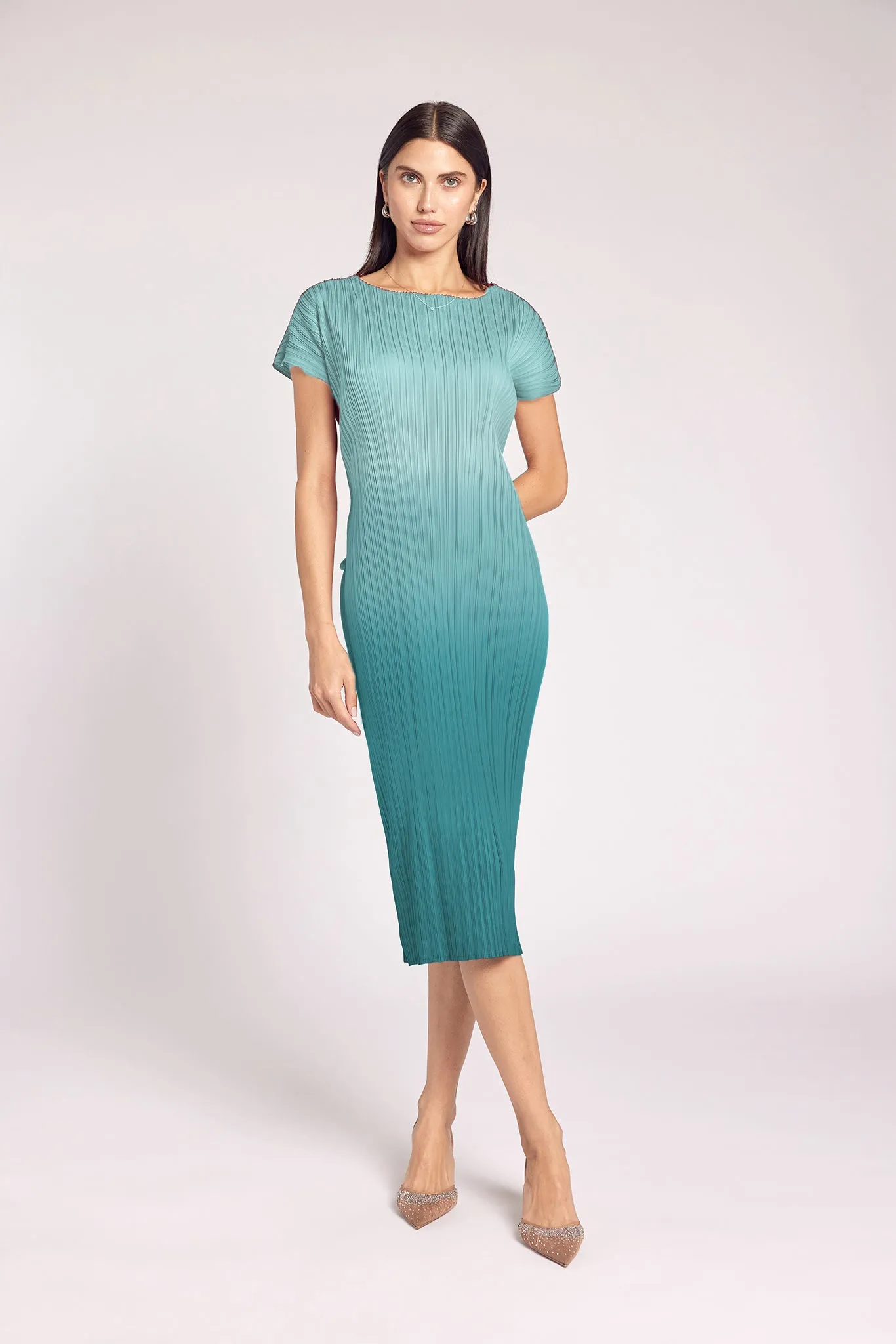 Valentina Ombre Plissé Satin Cap-Sleeve Dress