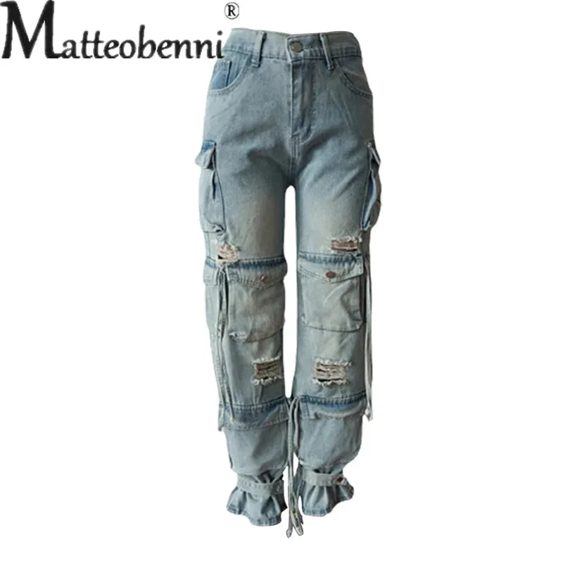 Vintage Wash Distressed Multi-pocket Jeans