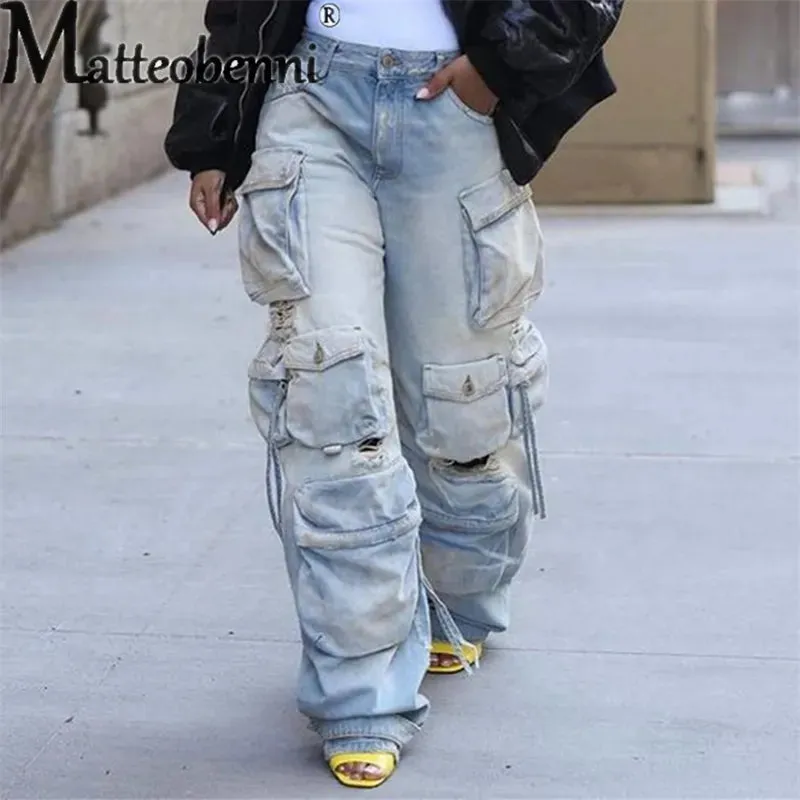 Vintage Wash Distressed Multi-pocket Jeans