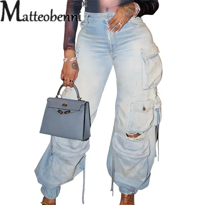 Vintage Wash Distressed Multi-pocket Jeans