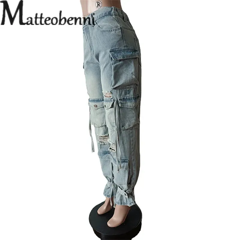 Vintage Wash Distressed Multi-pocket Jeans
