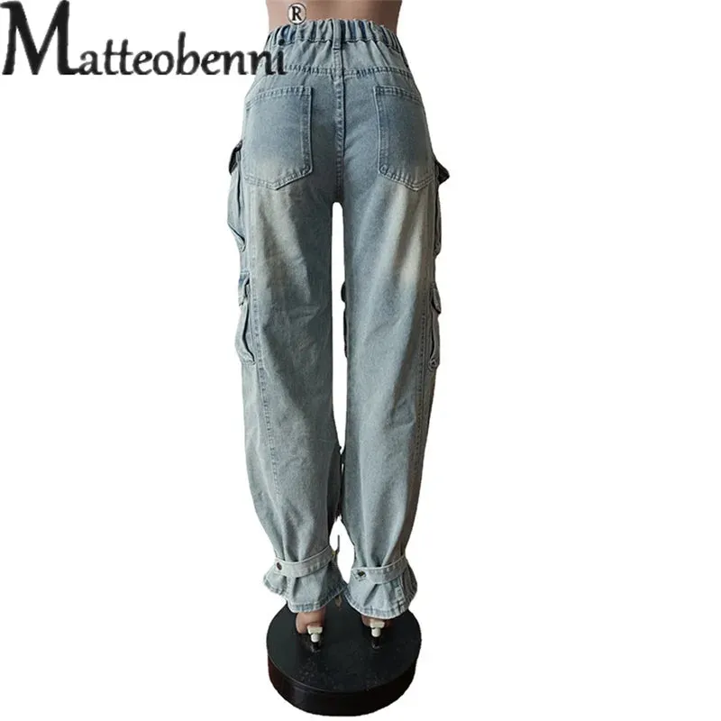 Vintage Wash Distressed Multi-pocket Jeans