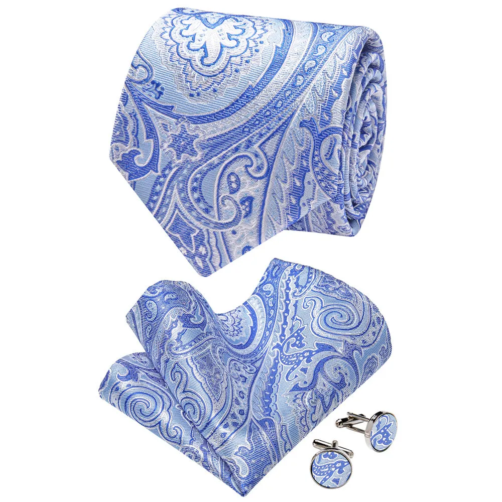 YourTies White Solid Long Sleeve Shirt with Sky Blue Floral Silk Tie for Men