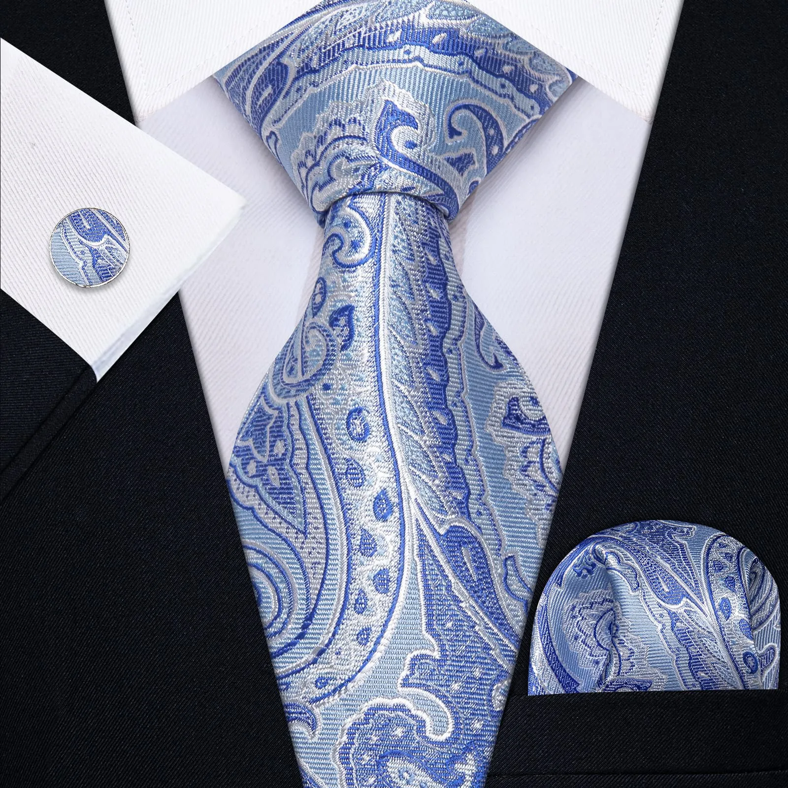 YourTies White Solid Long Sleeve Shirt with Sky Blue Floral Silk Tie for Men