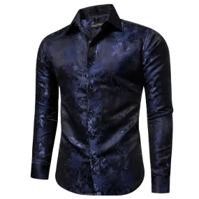 YourTies Windsor Collar Mens Top Blue Lily Floral Jacquard Dress Shirt